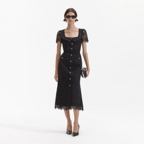 Women Black Guipure Lace Button Midi Dress | Self Portrait Dresses