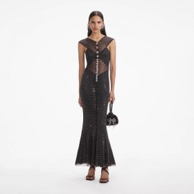 Women Black Rhinestone Fishnet Crossover Midi Dress | Self Portrait Dresses