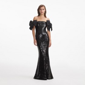 Women Black Sequin Bow Maxi Dress | Self Portrait Dresses