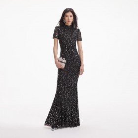 Women Black Square Rhinestone Mesh Maxi Dress | Self Portrait Dresses