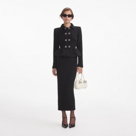 Women Black Textured Knit Peplum Midi Dress | Self Portrait Dresses