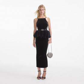 Women Black Velvet Peplum Midi Dress | Self Portrait Dresses