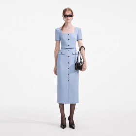 Women Blue Crepe Button Midi Dress | Self Portrait Dresses