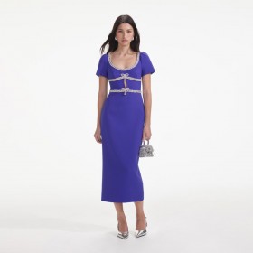 Women Blue Diamante Bow Trim Midi Dress | Self Portrait Dresses