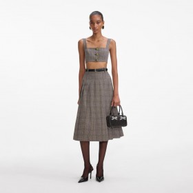 Women Brown Check Pleated Midi Skirt | Self Portrait Co-Ords