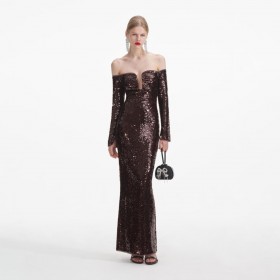 Women Brown Sequin Off Shoulder Maxi Dress | Self Portrait Dresses