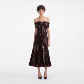 Women Brown Sequin Off Shoulder Midi Dress | Self Portrait Dresses