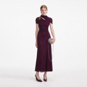 Women Burgundy Rhinestone Mesh Cut Out Midi Dress | Self Portrait Dresses