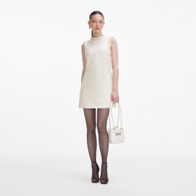 Women Cream Boucle Pearl Trim Mini Dress | Self Portrait Dresses