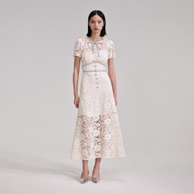 Women Cream Cord Lace Bow Midi Dress White | Self Portrait Dresses