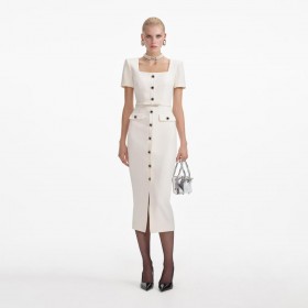 Women Cream Crepe Button Midi Dress | Self Portrait Dresses