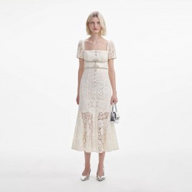 Women Cream Lace Diamante Bow Midi Dress | Self Portrait Dresses
