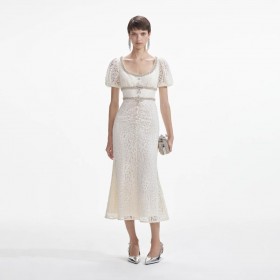 Women Cream Lace Diamante Trim Midi Dress | Self Portrait Dresses