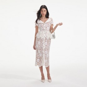 Women Cream Lace Peplum Midi Dress | Self Portrait Dresses