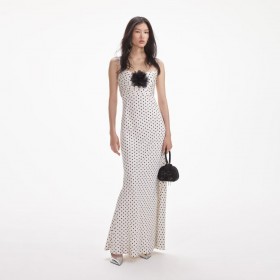 Women Cream Polka Dot Satin Maxi Dress | Self Portrait Dresses