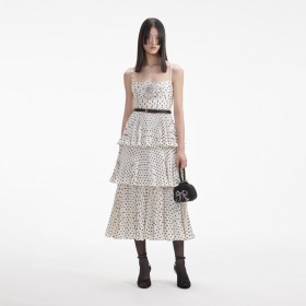 Women Cream Polka Dot Tiered Midi Dress | Self Portrait Dresses