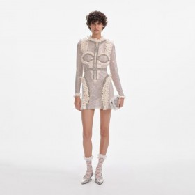 Women Cream Rhinestone Mesh Ruffle Mini Dress Cream | Self Portrait Dresses