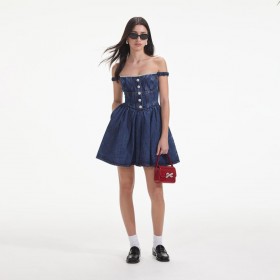 Women Denim Off Shoulder Mini Dress | Self Portrait Denim