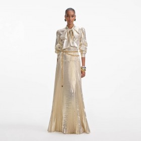 Women Gold Metallic Pussy Bow Maxi Dress | Self Portrait Dresses