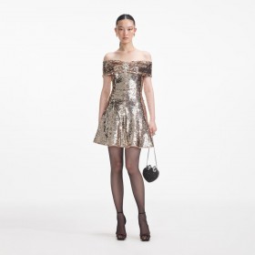 Women Gold Sequin Off Shoulder Mini Dress | Self Portrait Dresses
