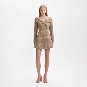 Women Gold Tinsel Boucle Off Shoulder Mini Dress | Self Portrait Dresses