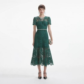 Women Green Lace Diamante Bow Midi Dress | Self Portrait Dresses