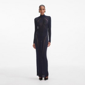 Women Navy Lurex Knit Maxi Dress | Self Portrait Dresses