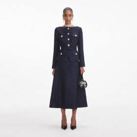 Women Navy Metallic Boucle Midi Dress | Self Portrait Dresses