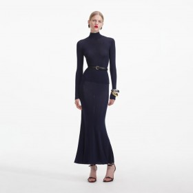 Women Navy Viscose Knit Maxi Skirt | Self Portrait Knitwear