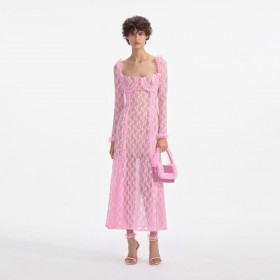 Women Pink Lace Ruffle Midi Dress | Self Portrait Dresses