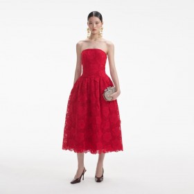 Women Red Bandeau Lace Midi Dress | Self Portrait Dresses