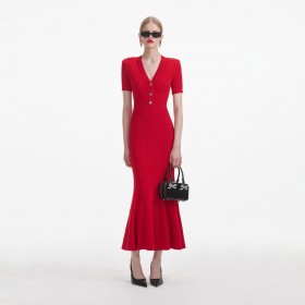 Women Red Pointelle Knit Midi Dress Red | Self Portrait Dresses