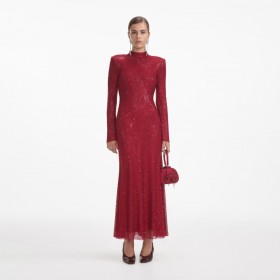 Women Red Rhinestone Fishnet Midi Dress | Self Portrait Dresses