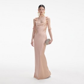 Women Rose Gold Satin Flower Maxi Dress Beige | Self Portrait Dresses