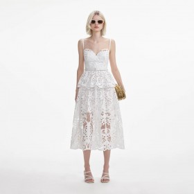 Women White Cotton Lace Tiered Midi Dress | Self Portrait Dresses