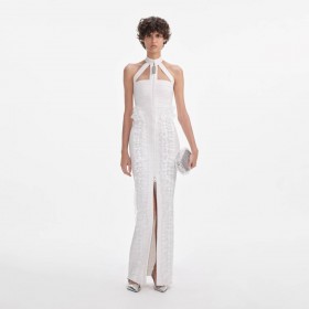 Women White Knit Zip Ruffle Maxi Dress White | Self Portrait Dresses