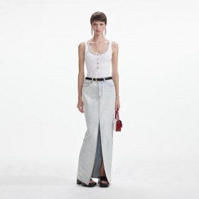  Saia longa jeans feminina com lavagem alvejante | Self Portrait Denim