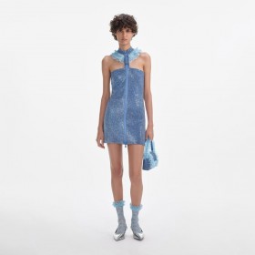 Vestido curto feminino com zíper e cota de malha de cristal azul | Vestidos para autorretrato