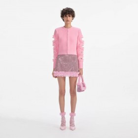  Cardigan feminino rosa com recortes e detalhes em renda | Self Portrait Knitwear