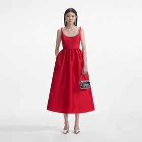  Vestido midi feminino de tafetá vermelho com diamantes | Vestidos para autorretrato