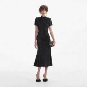  Abito midi in rete con strass neri da donna | Abiti Self Portrait