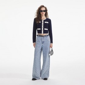 レディース ネイビー クロシェ コントラストトリム カーディガン | Self Portrait Knitwear