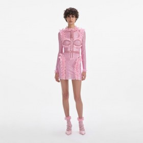  Rochie mini roz cu volane din plasă și strasuri pentru femei, roz | Rochii Self Portrait