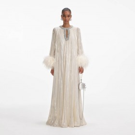  Vestido largo dorado con plumas metalizadas para mujer | Vestidos autorretrato