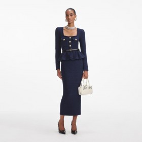  Vestido midi peplum de punto azul marino para mujer | Self Portrait Knitwear