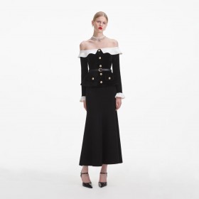  Zwarte Chenille Gebreide Off Shoulder Midi-jurk voor Dames | Zelfportret Jurken