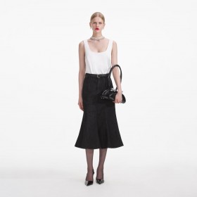  Zwarte uitlopende denim midi-rok voor dames | Zelfportretbroekje