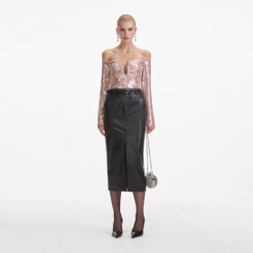  Zwarte leren midi-rok voor dames | Zelfportretbroekje