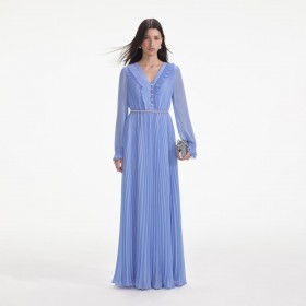  Dames blauwe chiffon maxi-jurk | Zelfportretjurken