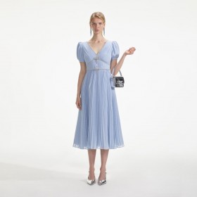  Dames blauwe metallic chiffon midi-jurk | Zelfportretjurken